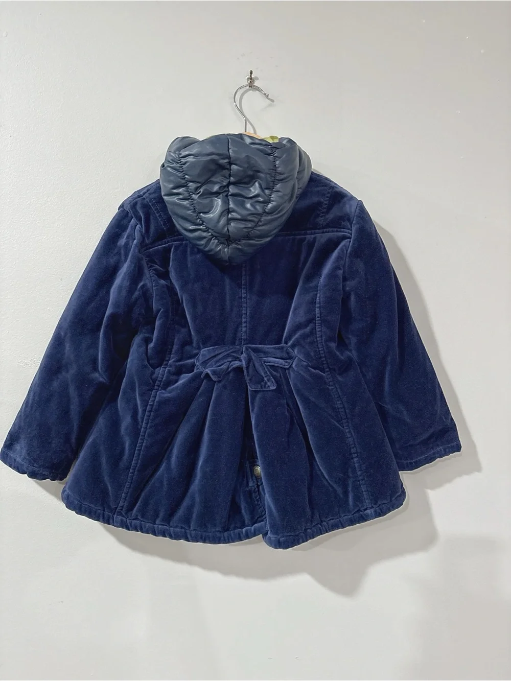 Eliane et Lena Girls Velvet Puffer Coat 2A Blue Hooded Paris Chic Jacket